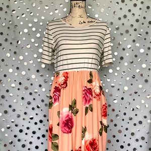 Maxi Horizontal Strip Shirt Sleeve Top and Floral Bottom Summer Dress